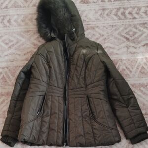 Sportoli Women's Olive Puffer Jacket Removable Faux Fur Hood